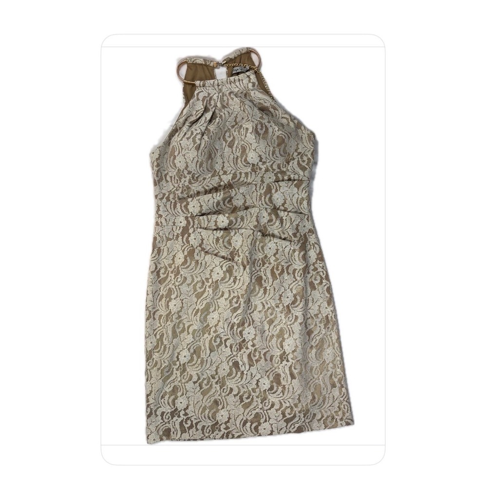 Eliza J Lace‎ Halter Sheath Dress Small Ivory Tan Gold Serpentine Chain Size 10